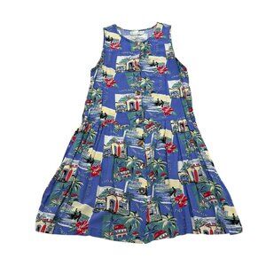 Vintage Y2K Beck Sport Malibu Pier Rayon Dress Blue Cream Print